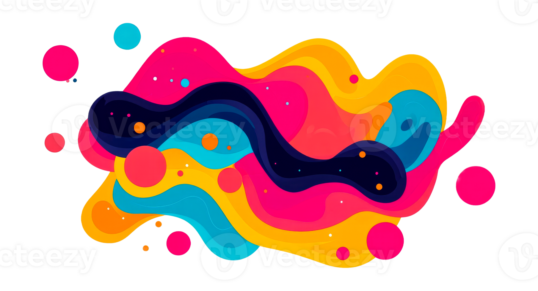 Abstract colorful fluid shapes, dynamic layers, and dots, cut out transparent png