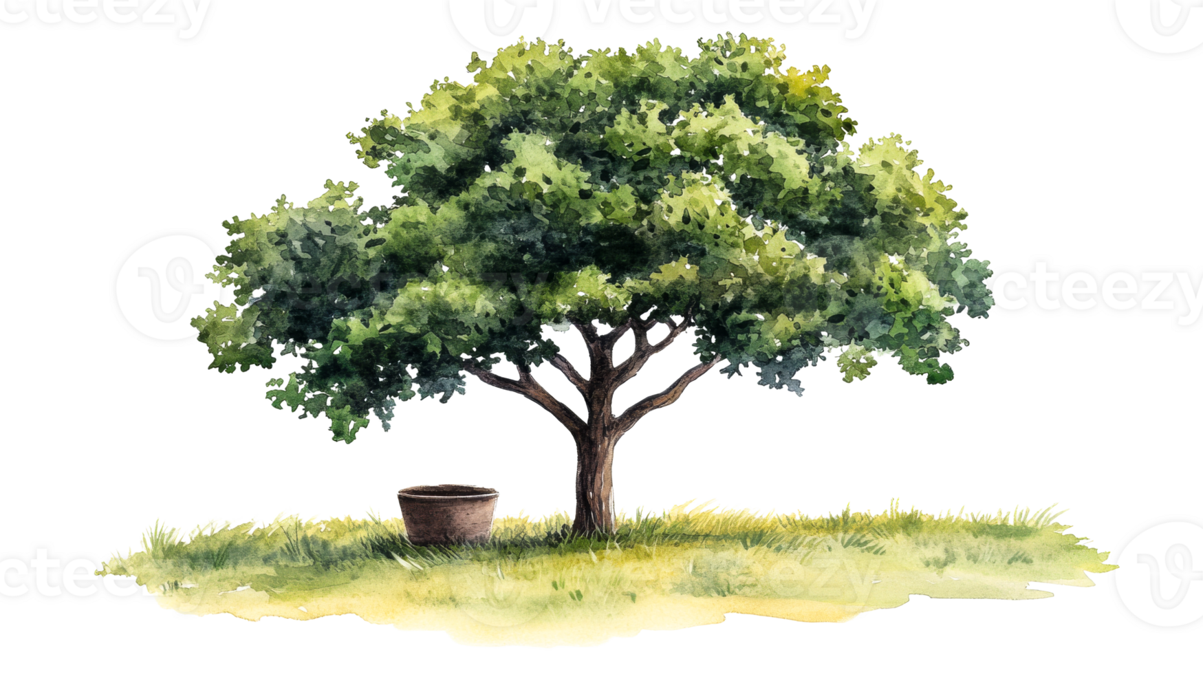Watercolor tree with lush foliage, pot, cutout transparent png