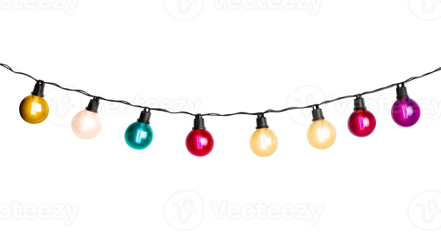 Festive string lights, glowing bulbs with different colors, cut out transparent png