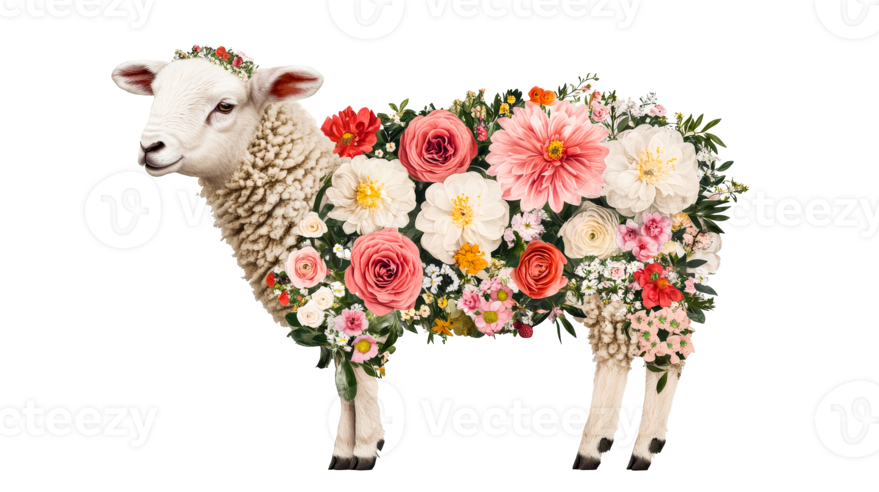 Sheep covered in flowers on black background, cut out transparent png