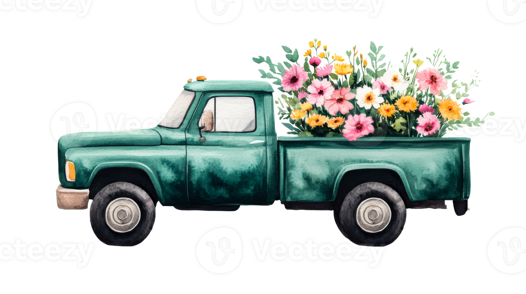 Green farm truck filled with colorful flowers, cut out transparent png