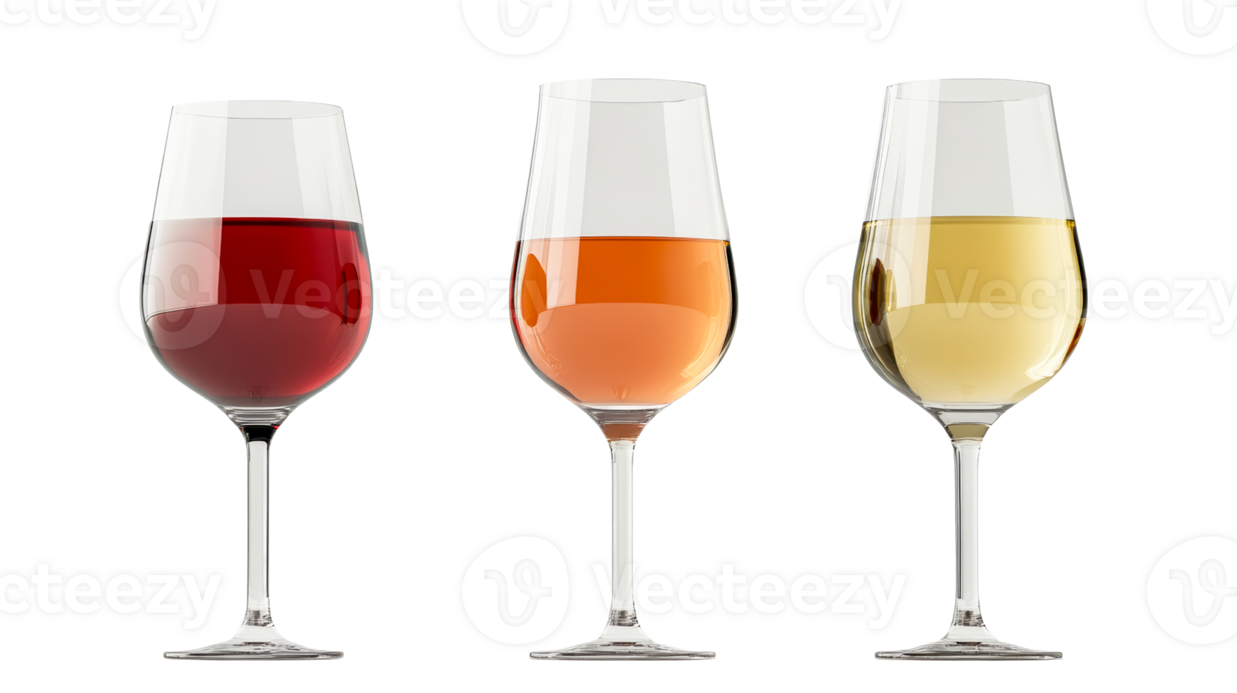 Three wine glasses containing white, rose and red wine, cut out transparent png