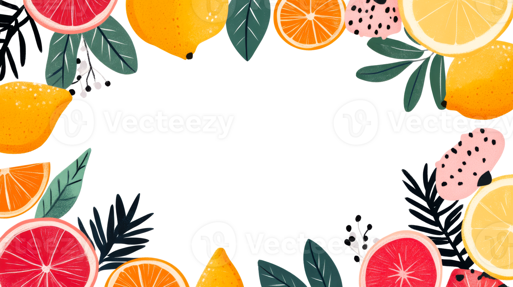 Frame of vibrant citrus fruits and foliage illustrations, cut out transparent png