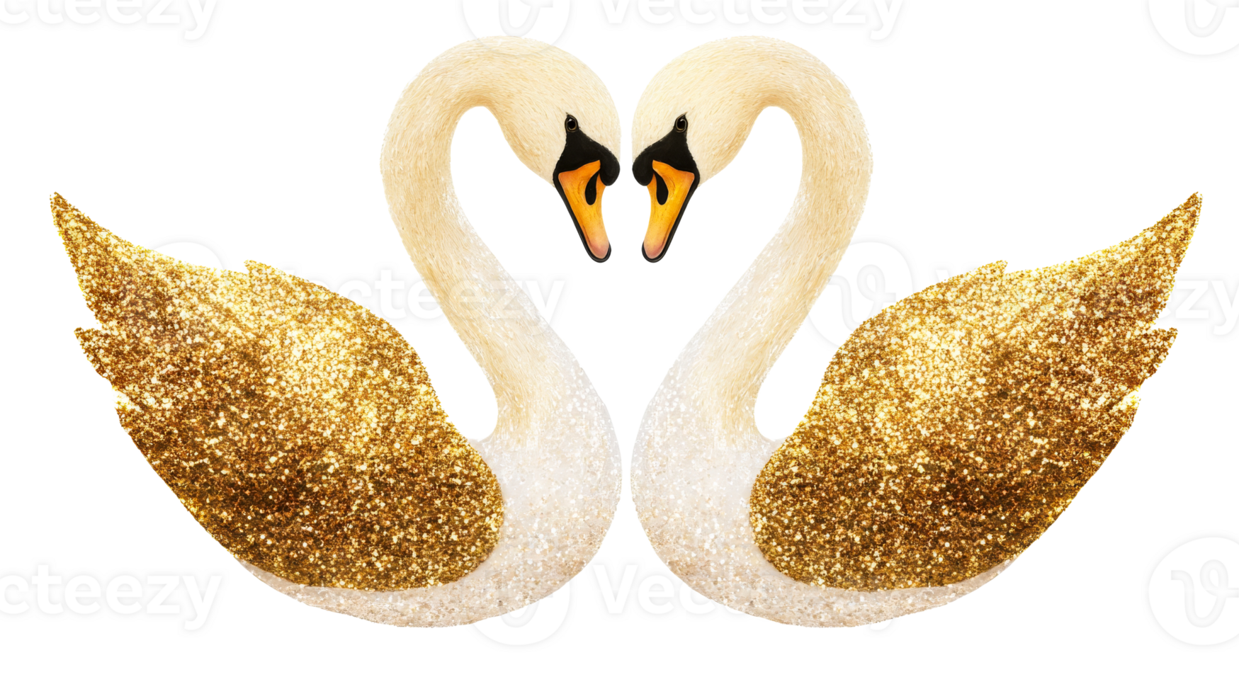 Two Swans Forming a Heart Shape, Golden Glitter, Isolated, cut out transparent png