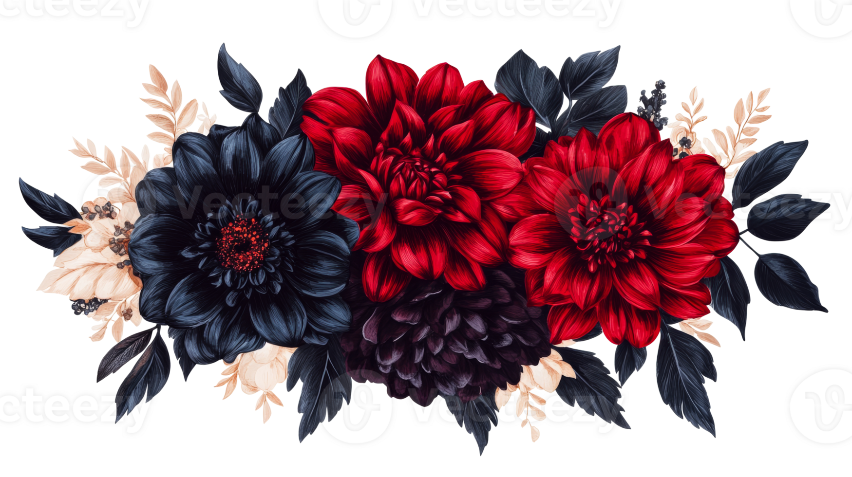Floral dahlia arrangement in red and navy on black, cut out transparent png