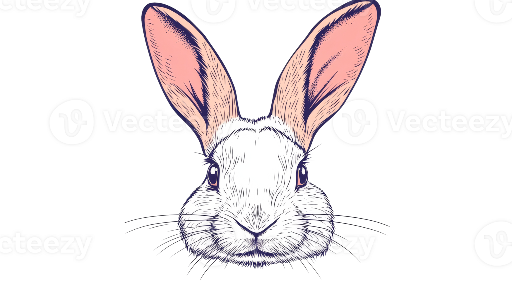 Rabbit head with long ears, isolated drawing, cut out transparent png