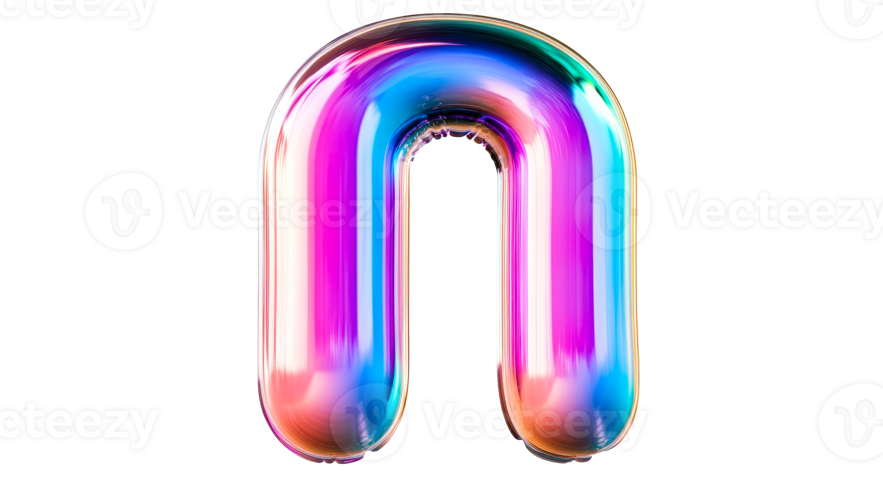Rainbow iridescent inflatable letter U, isolated shape, cut out transparent png