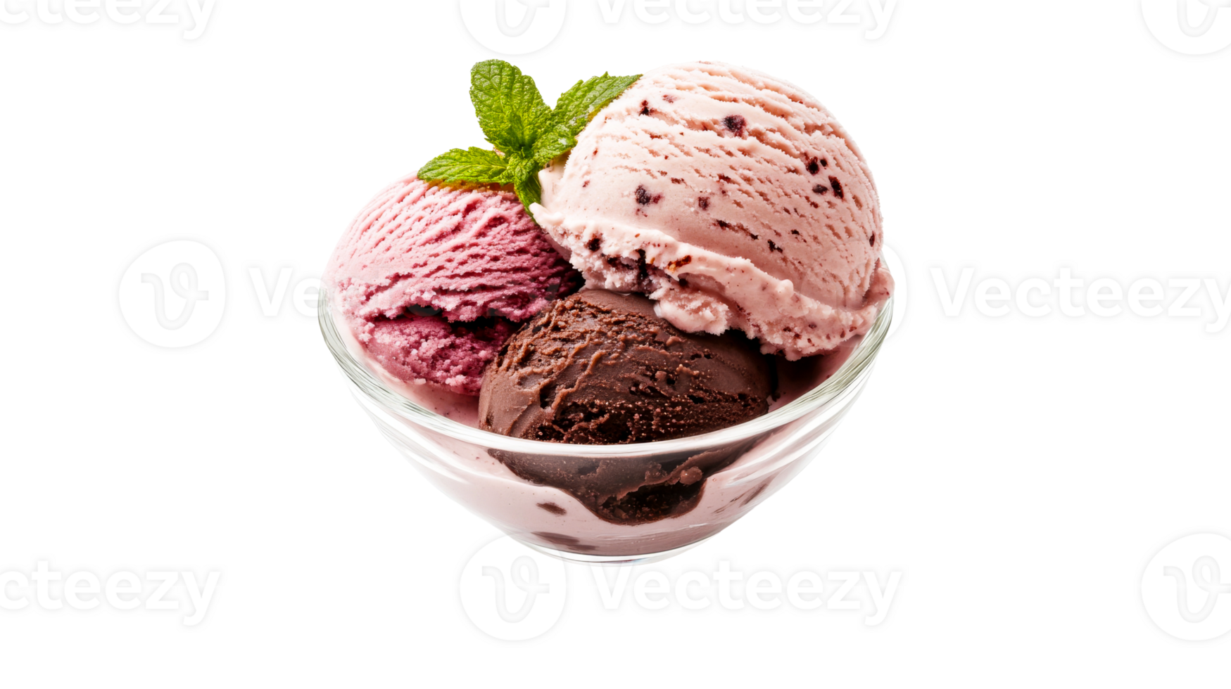 Trio of Flavors Ice Cream Scoops with Mint Sprig, cut out transparent png