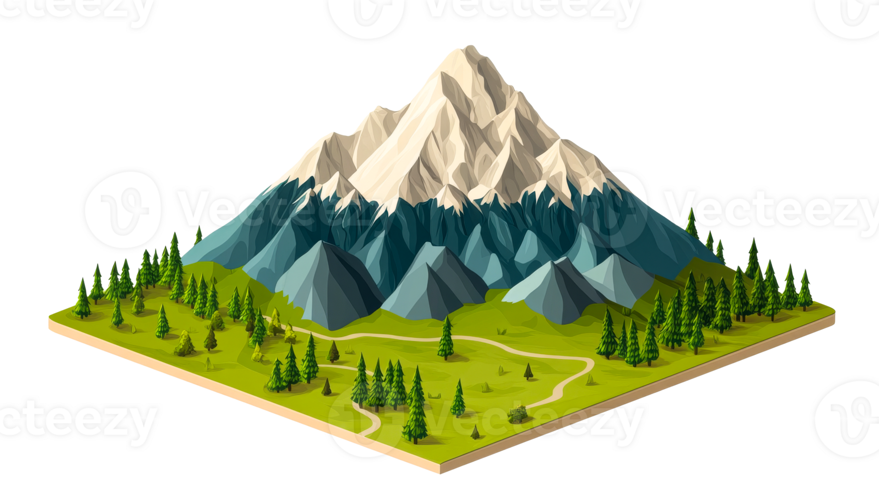 Isometric snowy mountain peak, forest path landscape, cut out transparent png