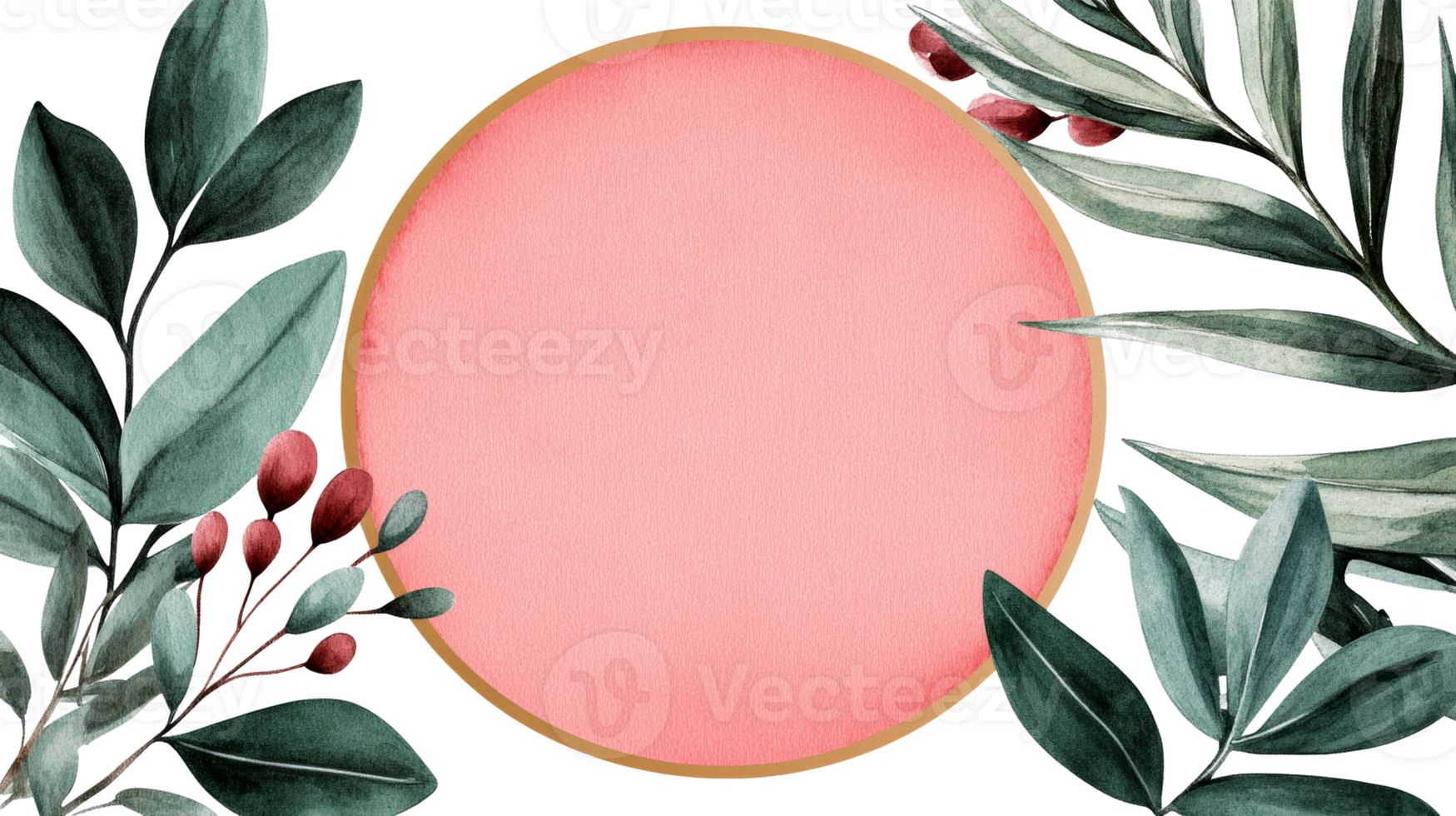 Botanical frame with watercolor greenery and berries, cut out transparent png