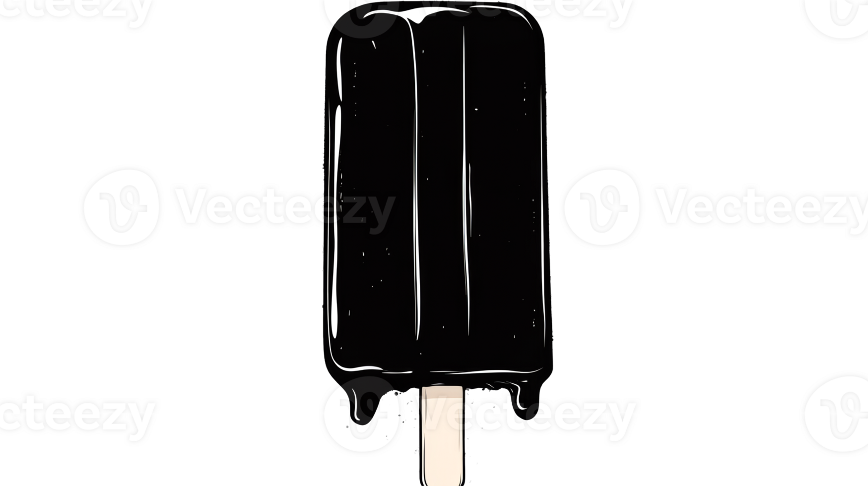 Black ice cream bar on a stick with drips, cut out transparent png