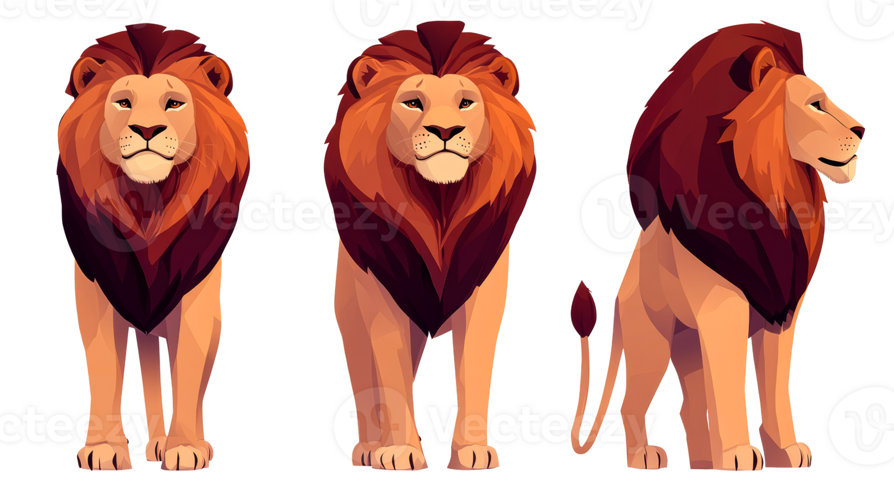 Set of majestic lion illustrations in different poses, cut out transparent png