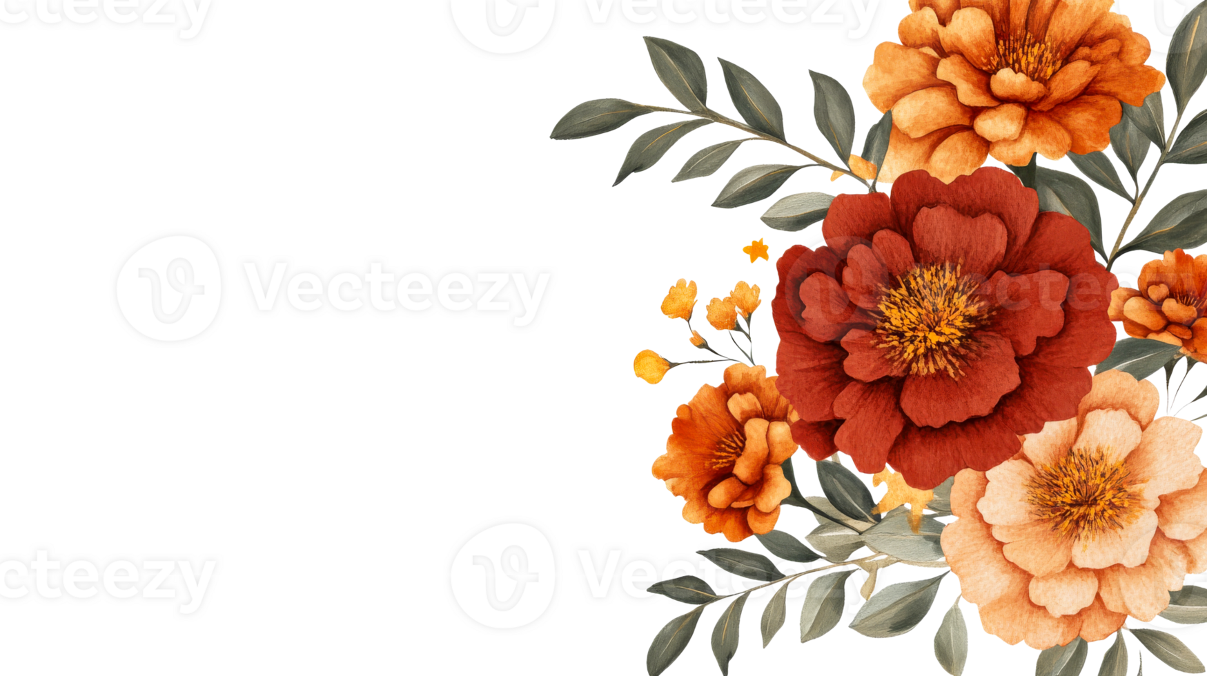 Watercolor floral arrangement with peonies and foliage, cut out transparent png