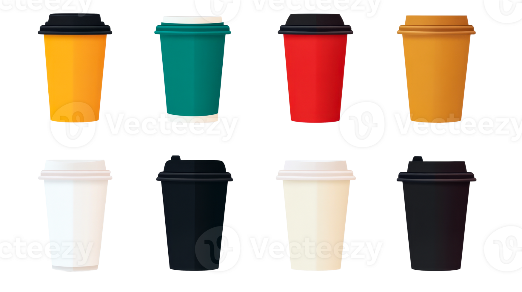 Colorful Variety of Coffee Cups with Lids Isolated, cut out transparent png