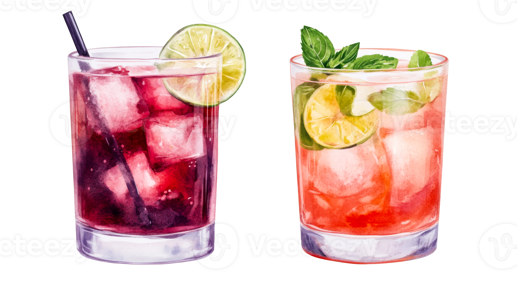 Watercolor Cocktails with Lime and Mint, cut out transparent png
