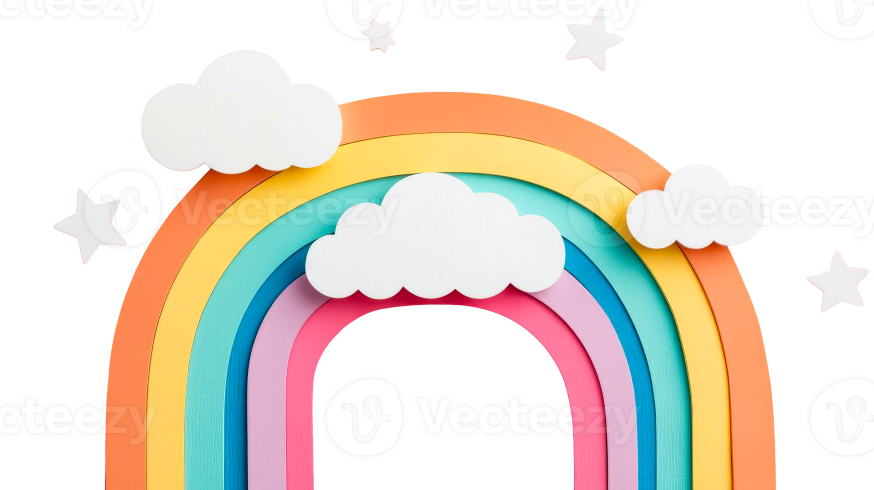 Colorful paper rainbow with clouds and stars, cut out transparent png