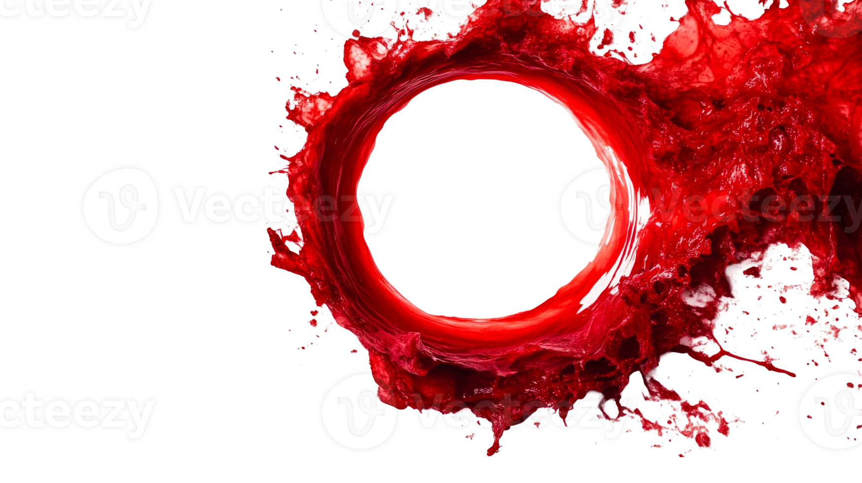 Red liquid splash, circular shape, isolated on black, cut out transparent png