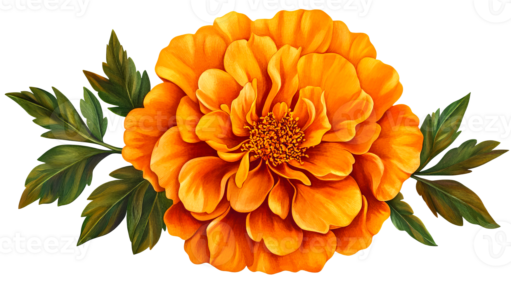 Orange flower blossom with green leaves on black background, cut out transparent png