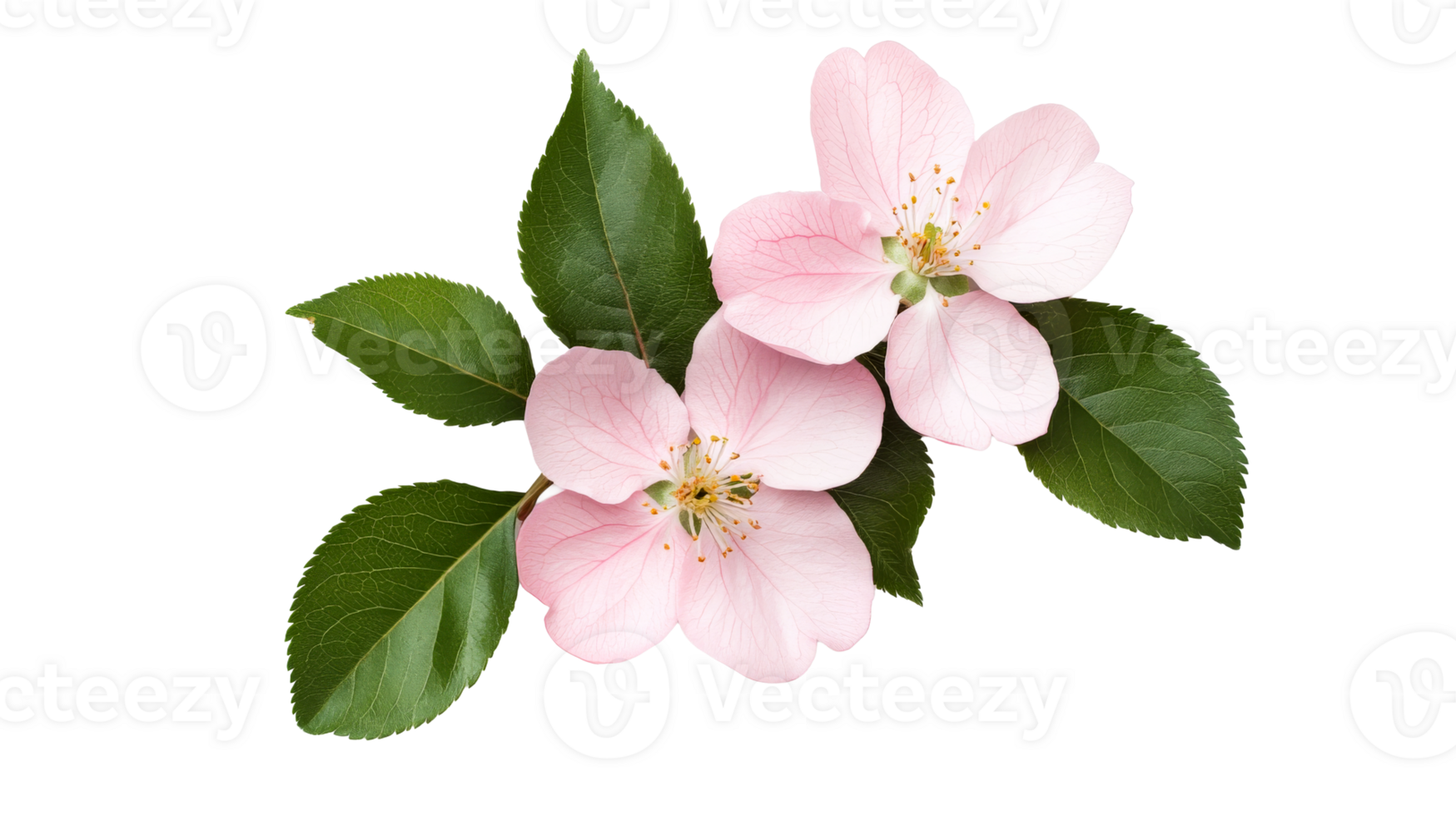 Two delicate pink apple blossom flowers, cut out transparent png