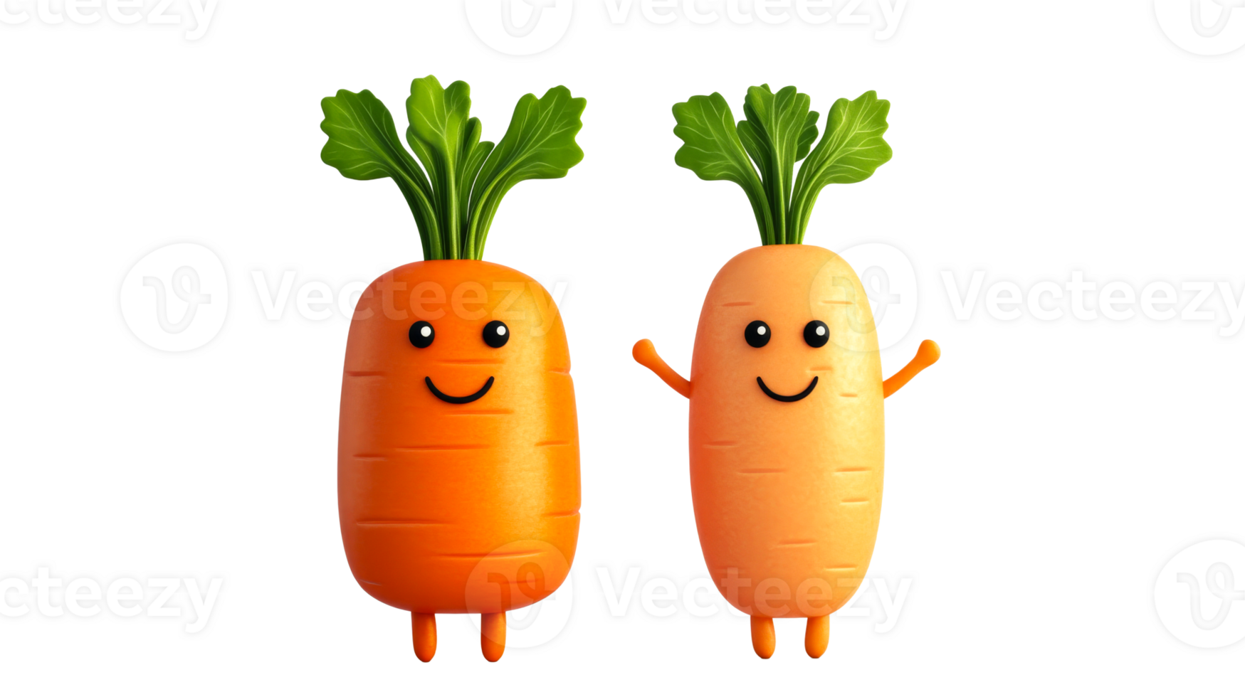 Two playful cartoon carrots with smiling faces, cut out transparent png