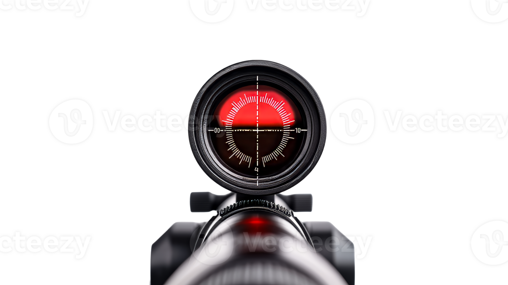 Sniper scope view with red crosshairs on black background, cut out transparent png