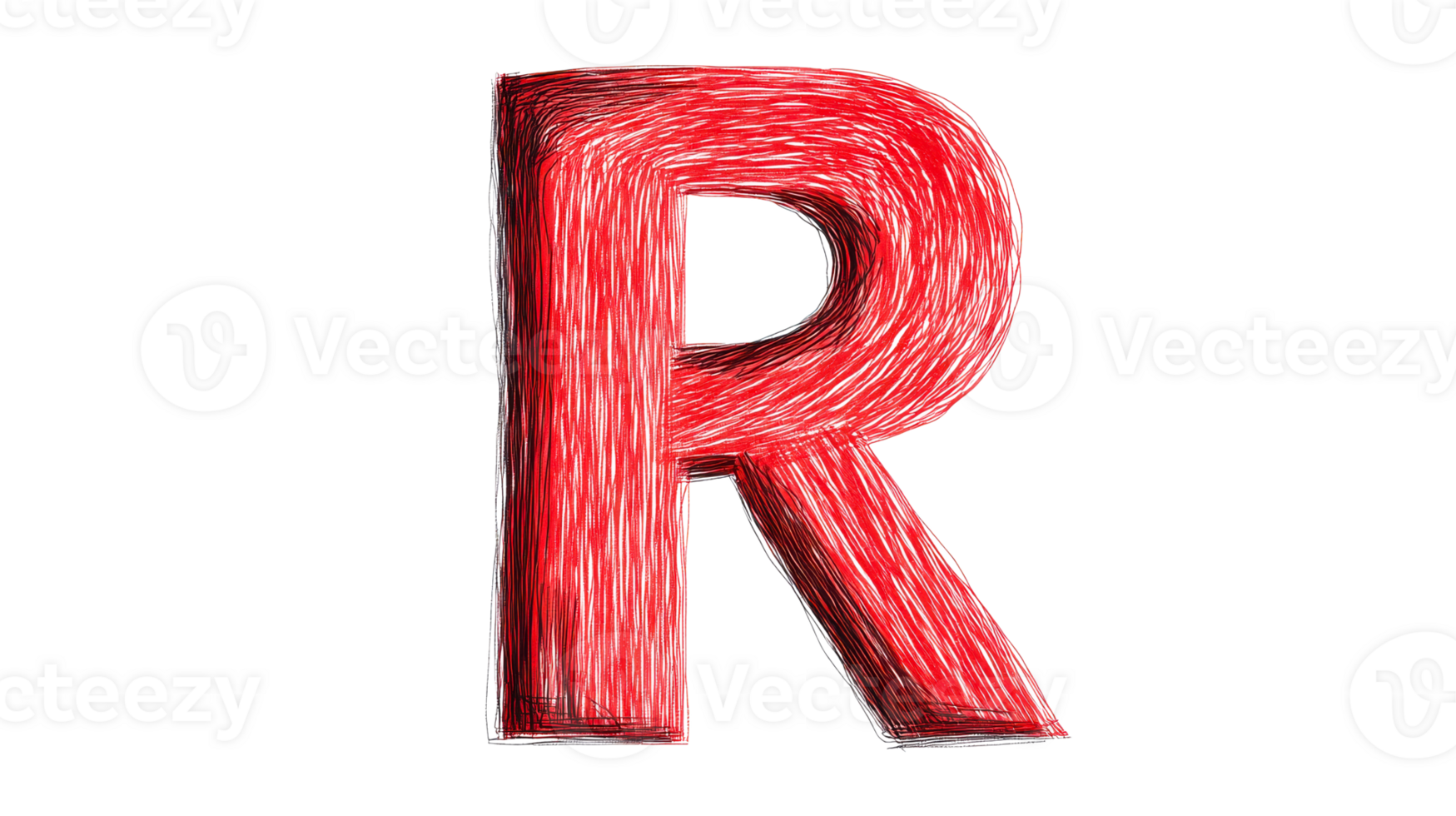 Red sketch of letter R, scribble style, vibrant isolated, cut out transparent png