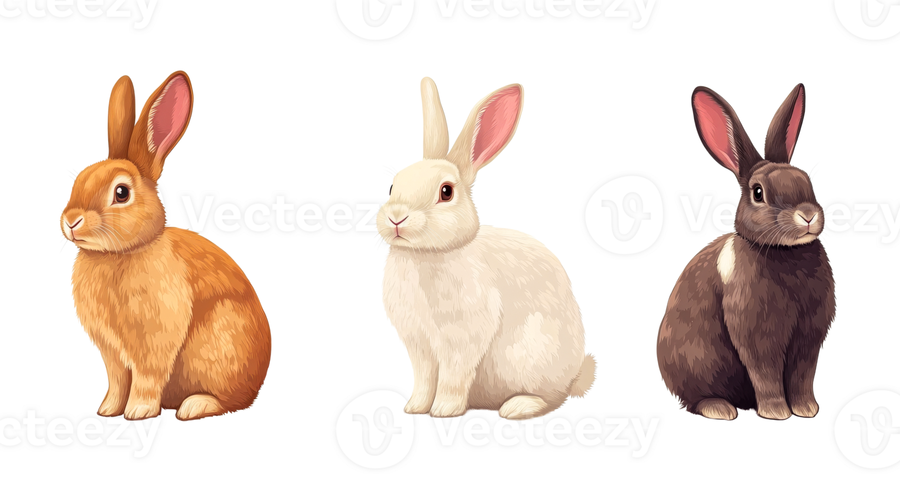 Three adorable rabbits sit side by side on black background, cut out transparent png