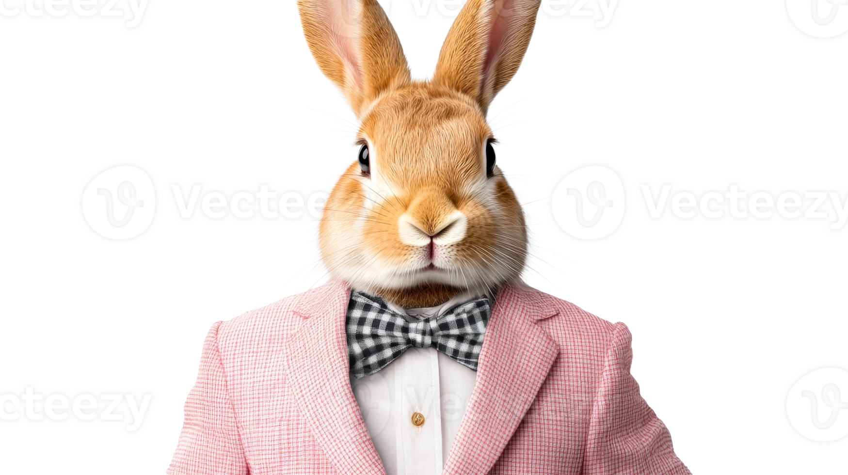 Rabbit portrait with a bow tie and jacket, cut out transparent png