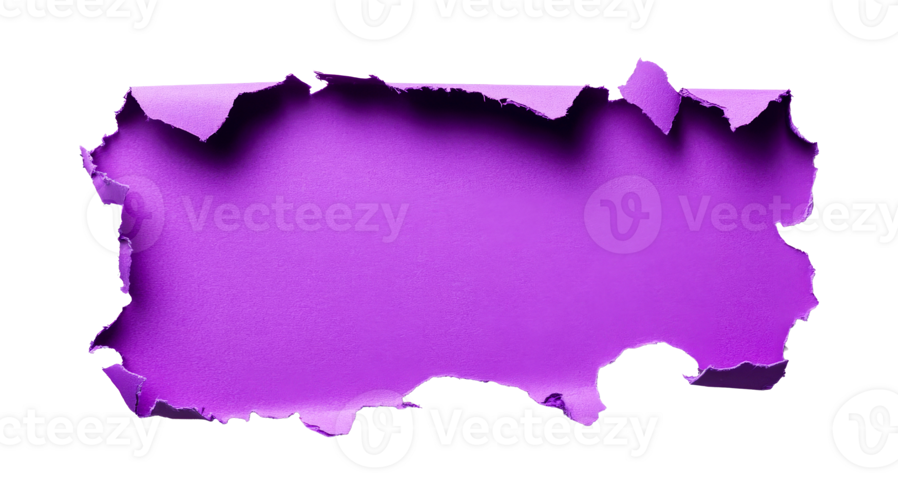 Torn hole paper with rough edges, purple texture background, cut out transparent png