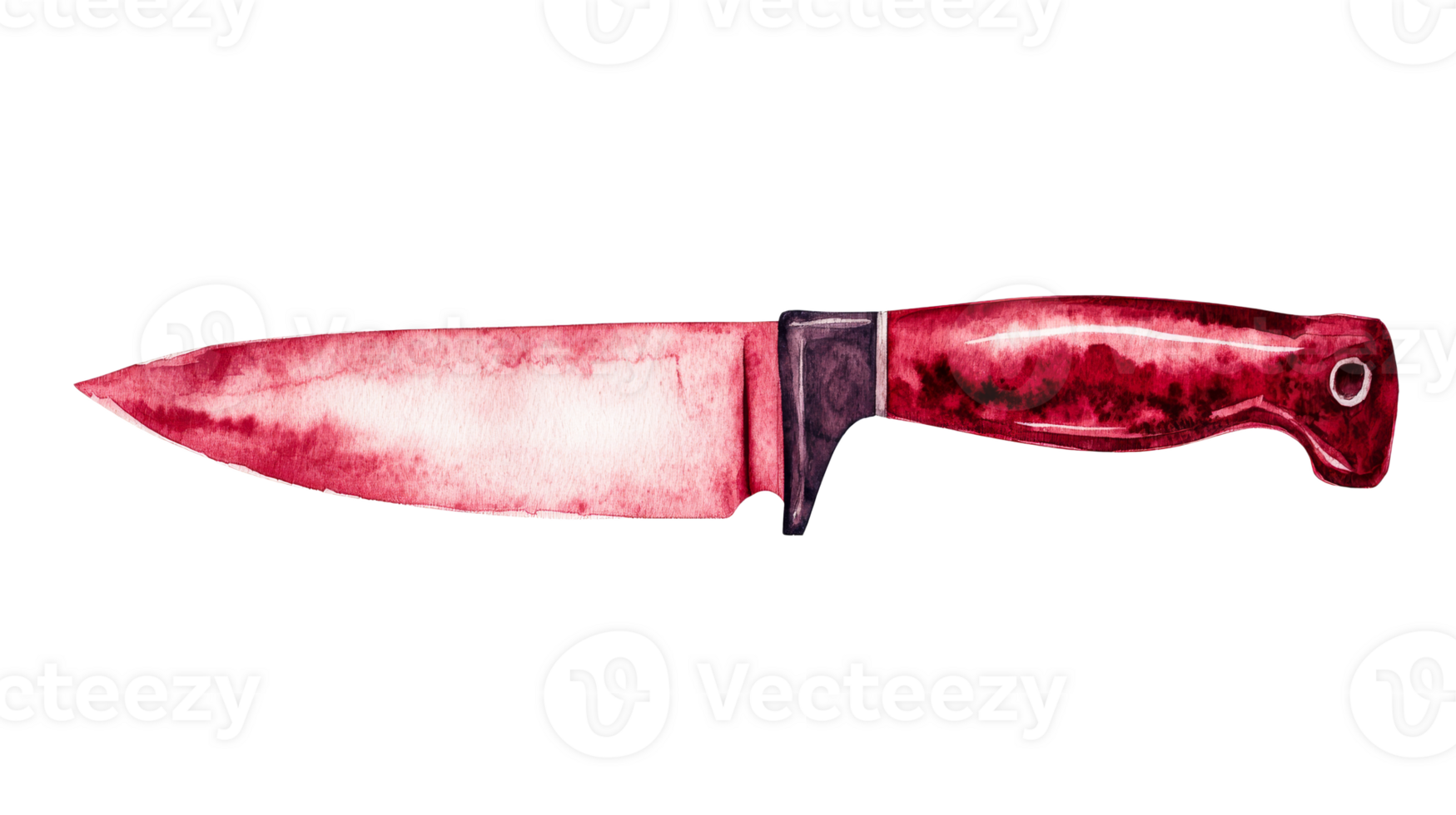 Bloody knife with red handle, dark guard, sharp blade, cut out transparent png