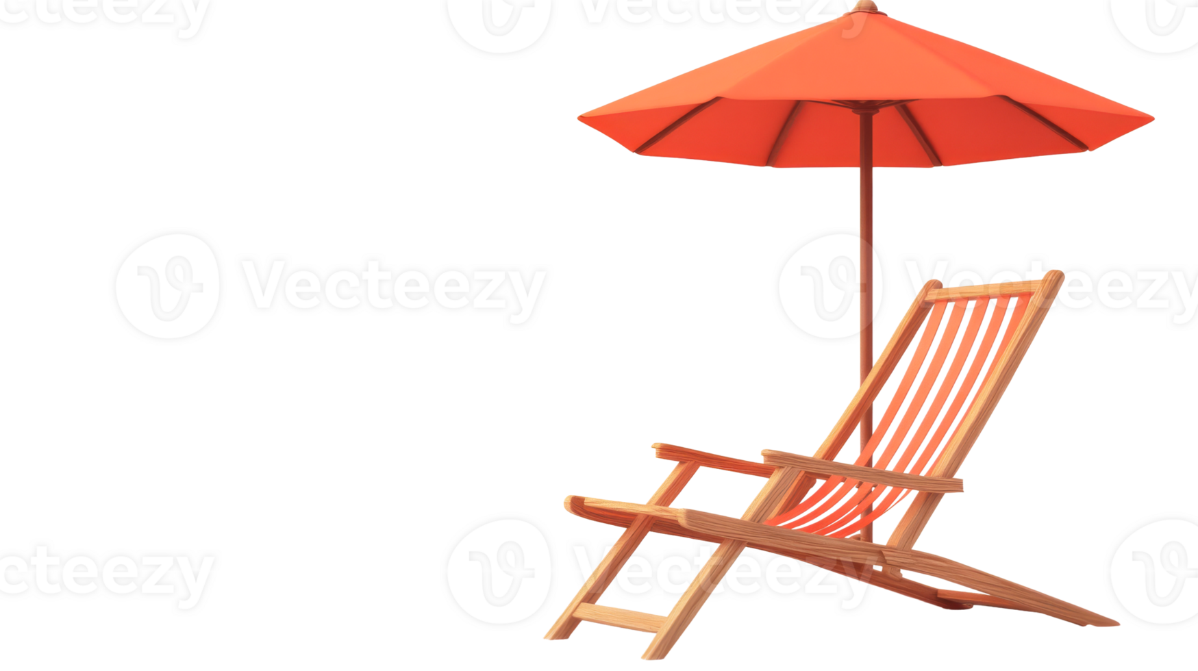 Orange beach umbrella and deckchair, relaxation concept, cut out transparent png
