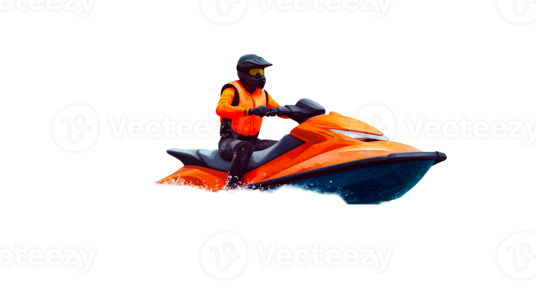 Man drives a jet ski on the water, bright clothes, helmet, cut out transparent png