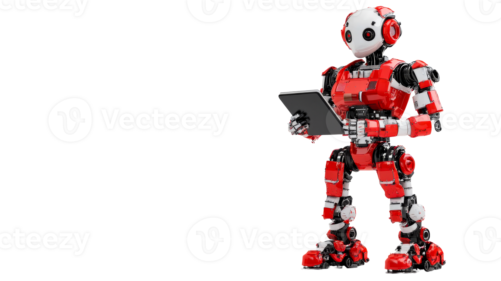 Robot using tablet, humanoid form, digital technology, cut out transparent png