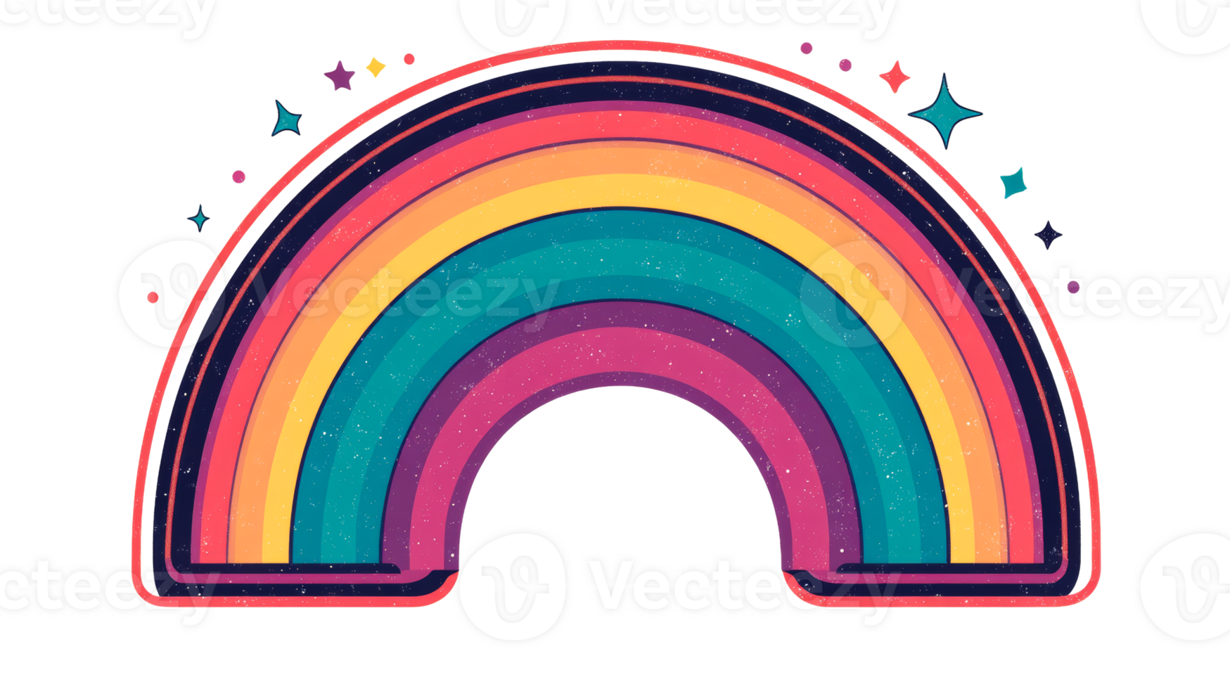 Retro rainbow with stars in a colorful illustration, cut out transparent png