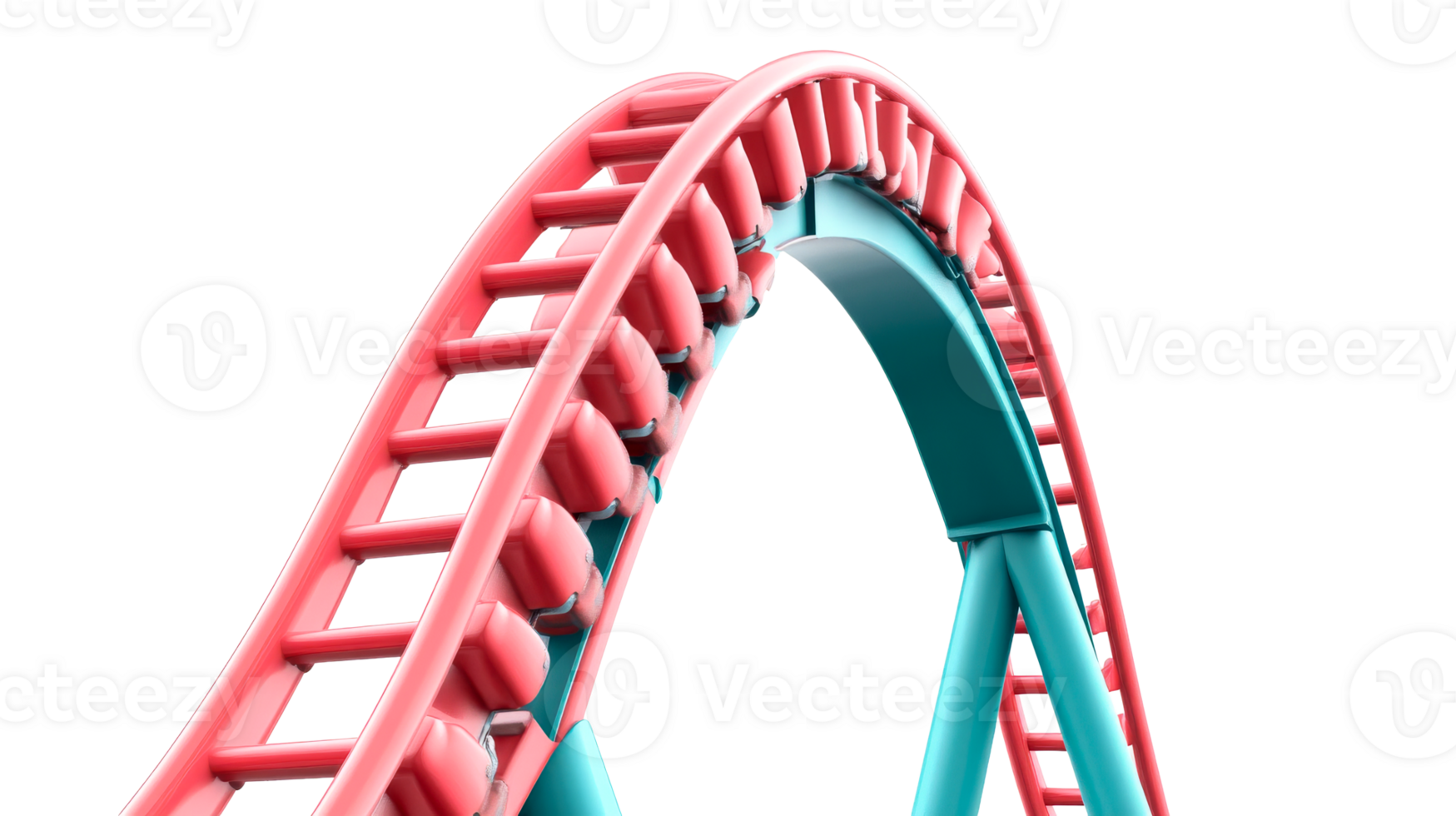 High angle view of a modern blue and red rollercoaster, cut out transparent png