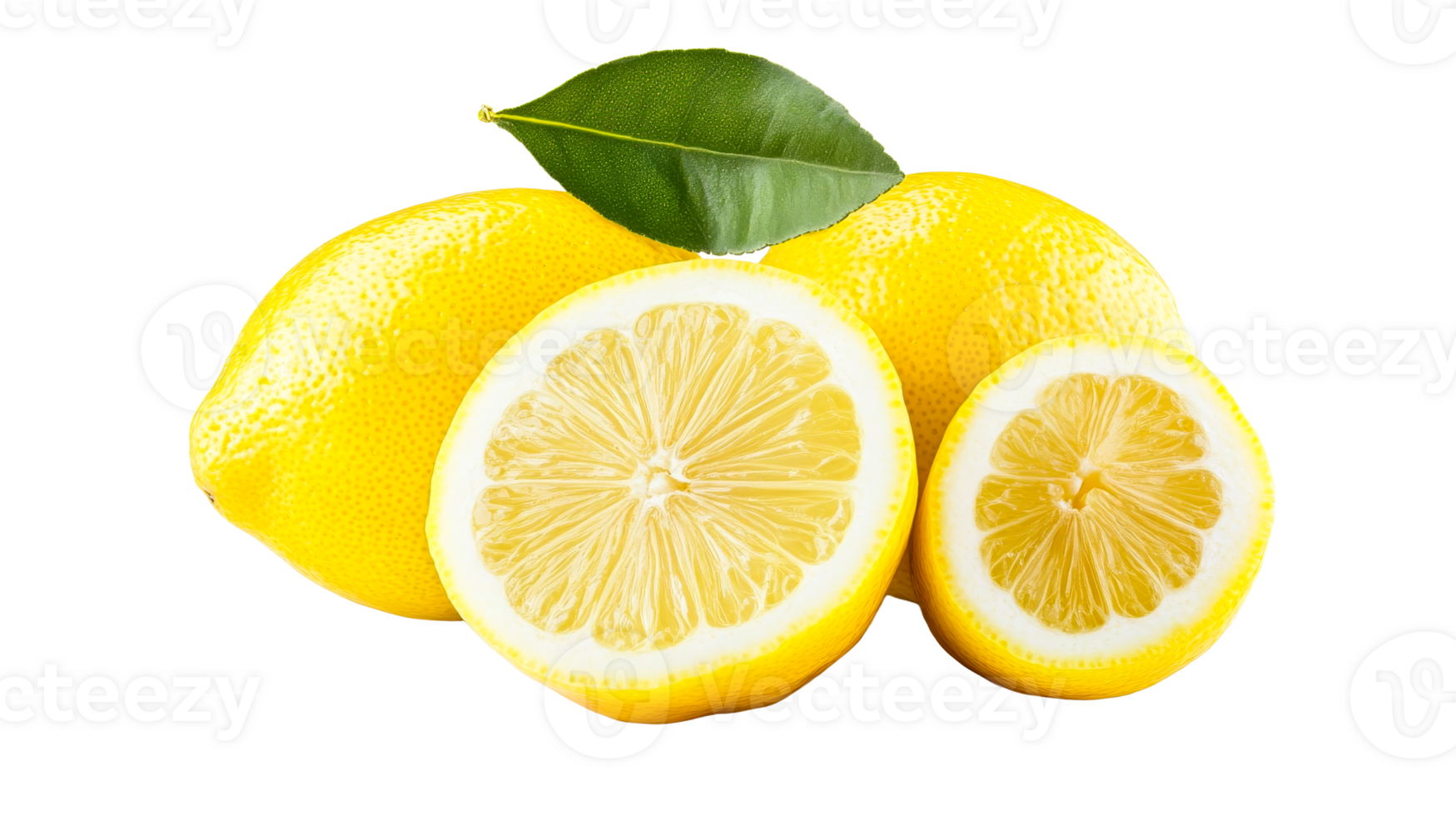 Fresh lemons and halves isolated on a black background, cut out transparent png