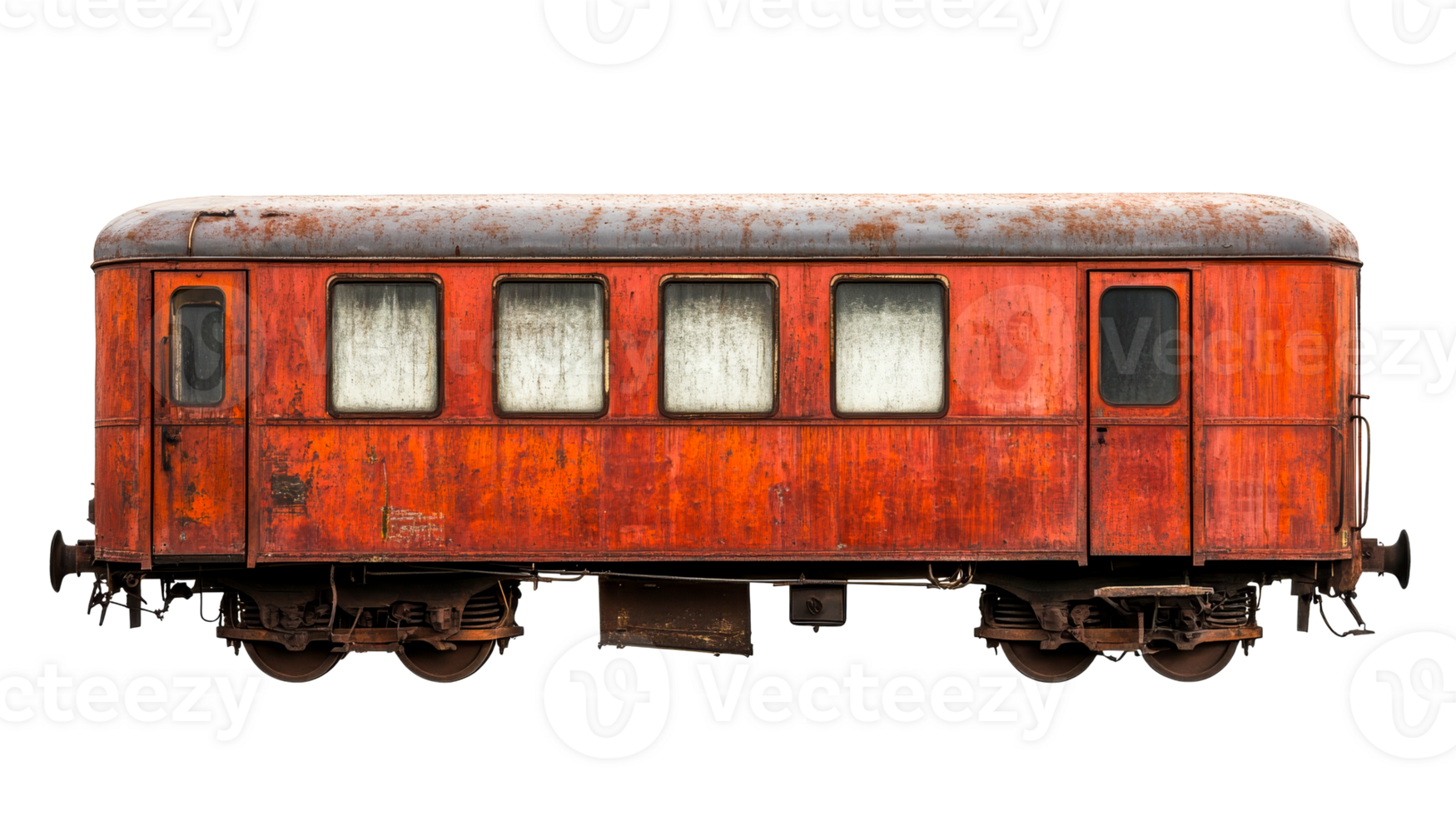 A weathered, vintage railway car on black background, cut out transparent png