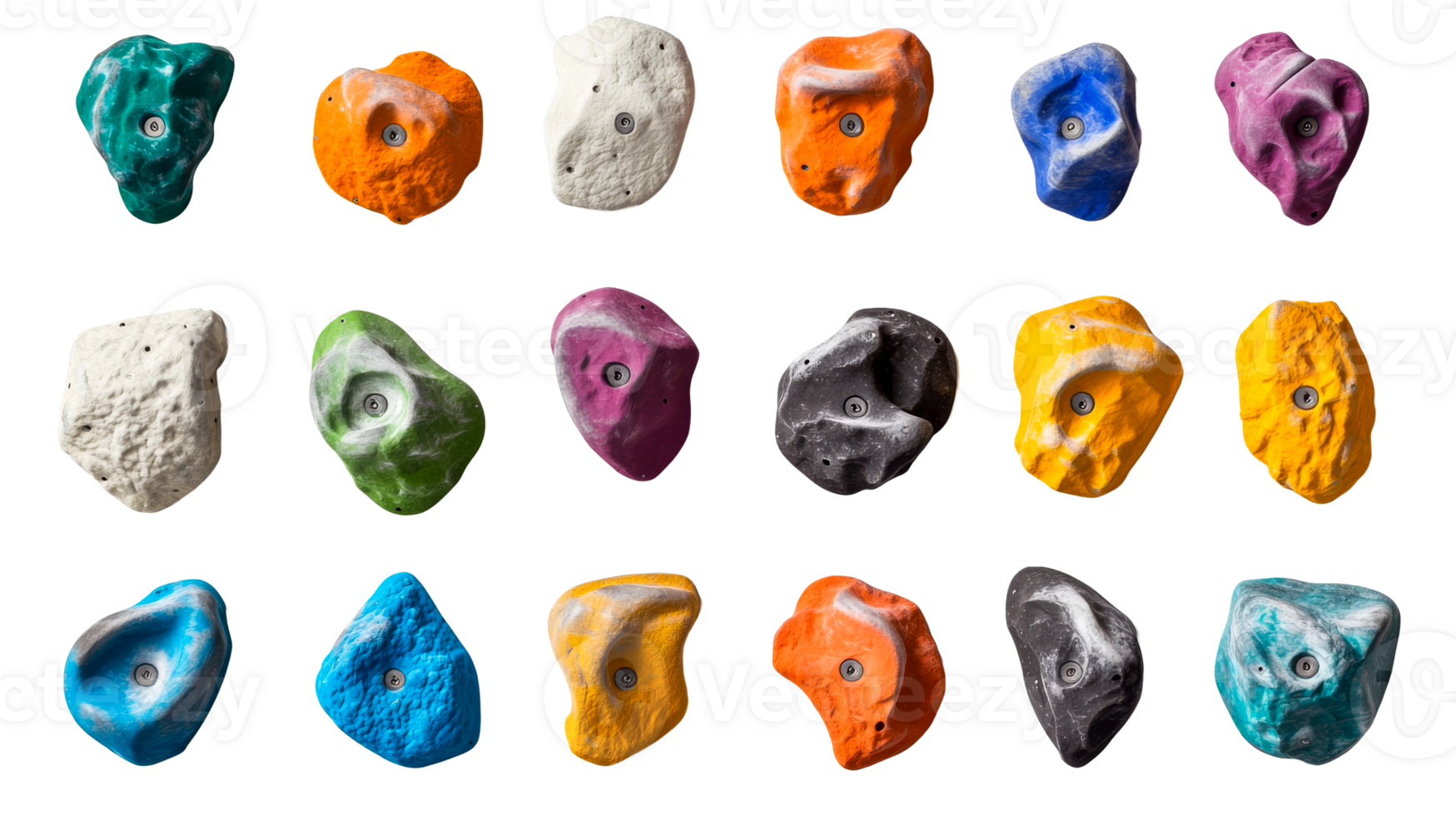 Climbing holds, colorful, diverse grip options, studio shot, cut out transparent png