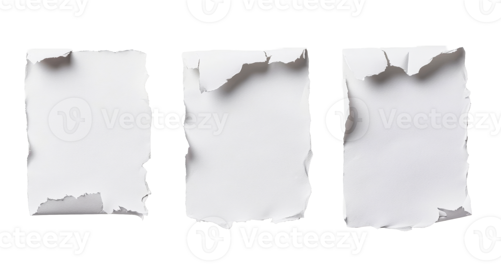 Three sheets of white paper with ripped edges on black background, cut out transparent png