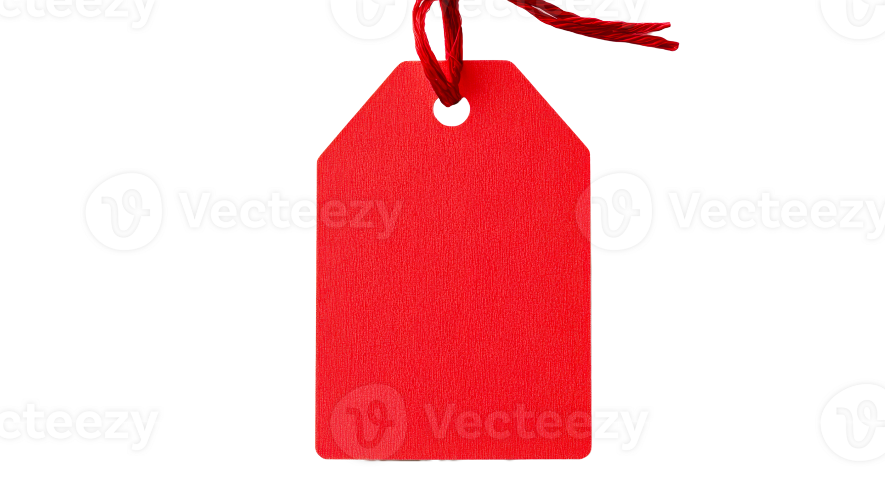 Bright red tag with string isolated on black background, cut out transparent png