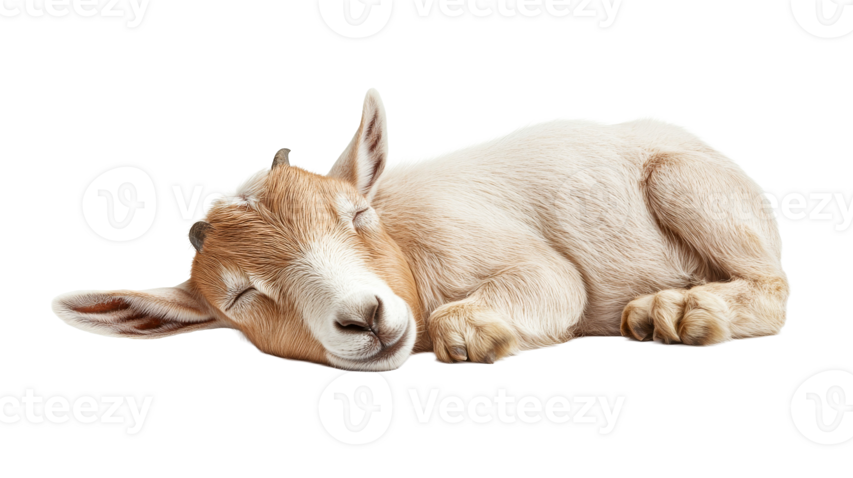 Sleeping goat with beige and white fur, resting peacefully, cut out transparent png