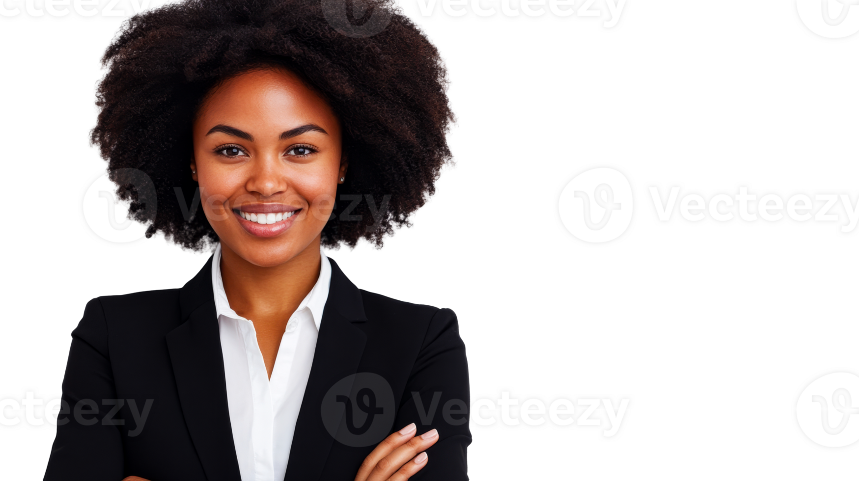 Smiling African businesswoman with crossed arms in dark suit, cut out transparent png