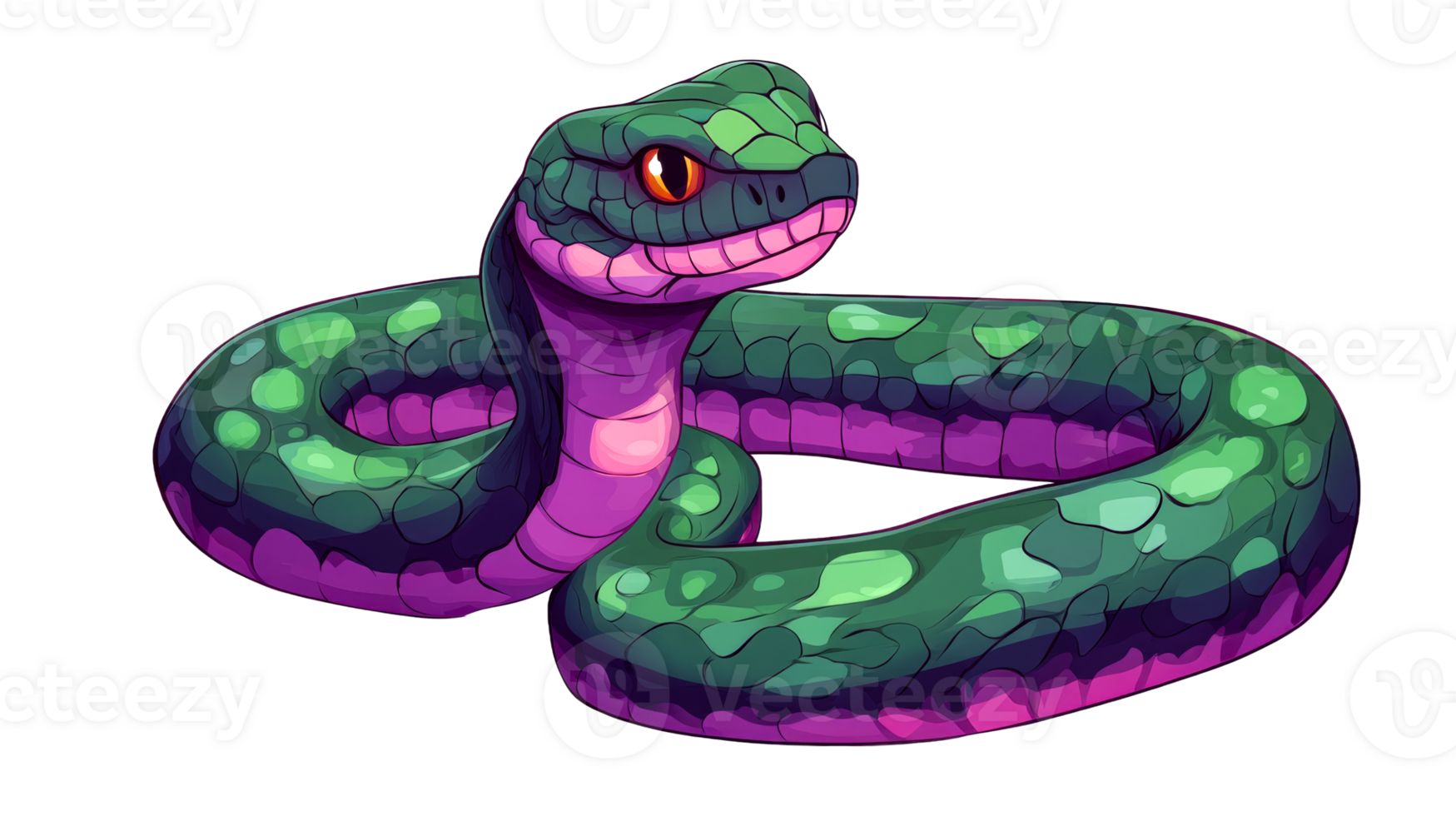 Snake illustration, vibrant colors, coiled serpent, cartoon style, cut out transparent png
