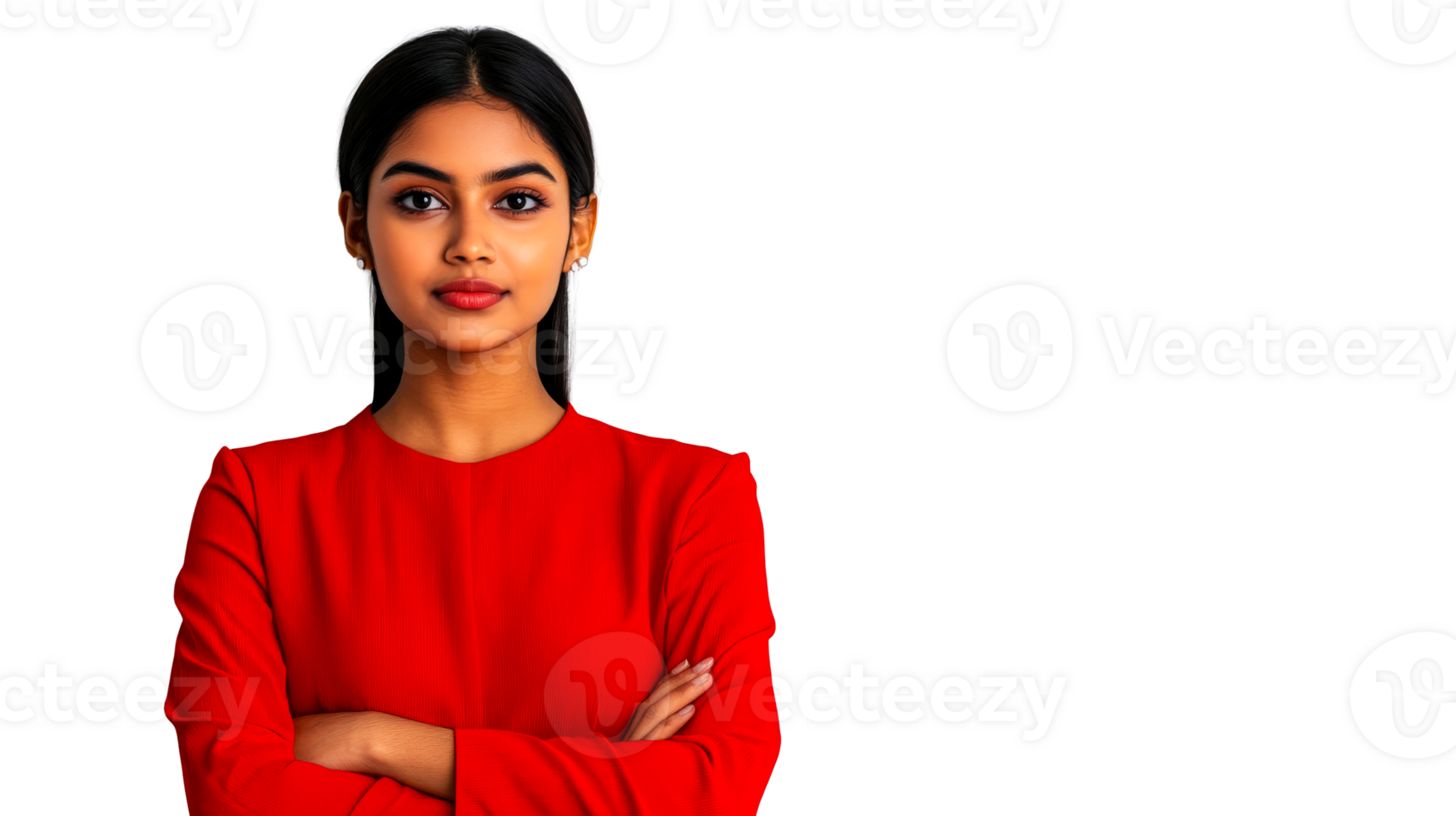 Confident young businesswoman in red dress, cut out transparent png