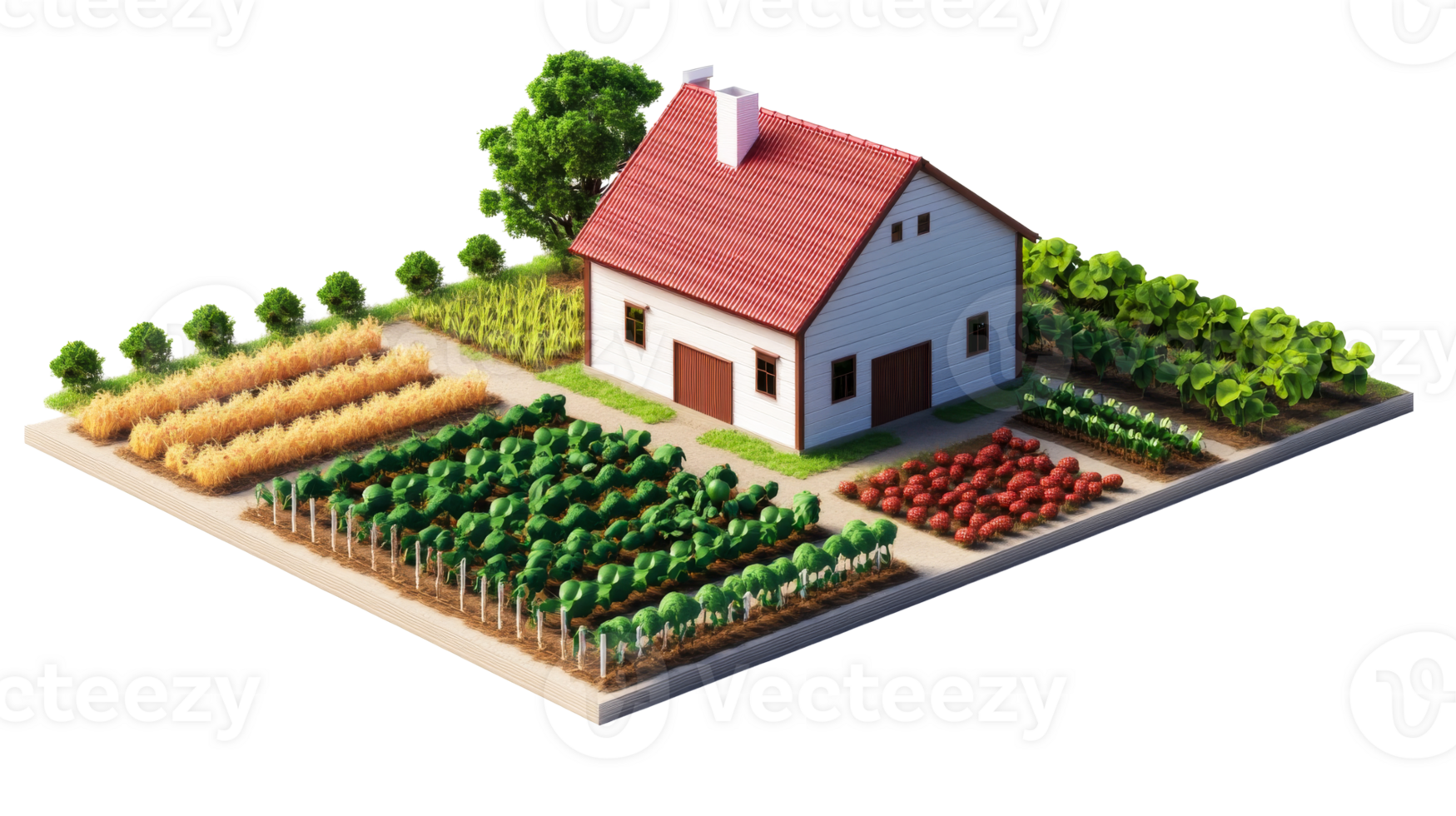Farmhouse garden with crops, agriculture harvest landscape , cut out transparent png