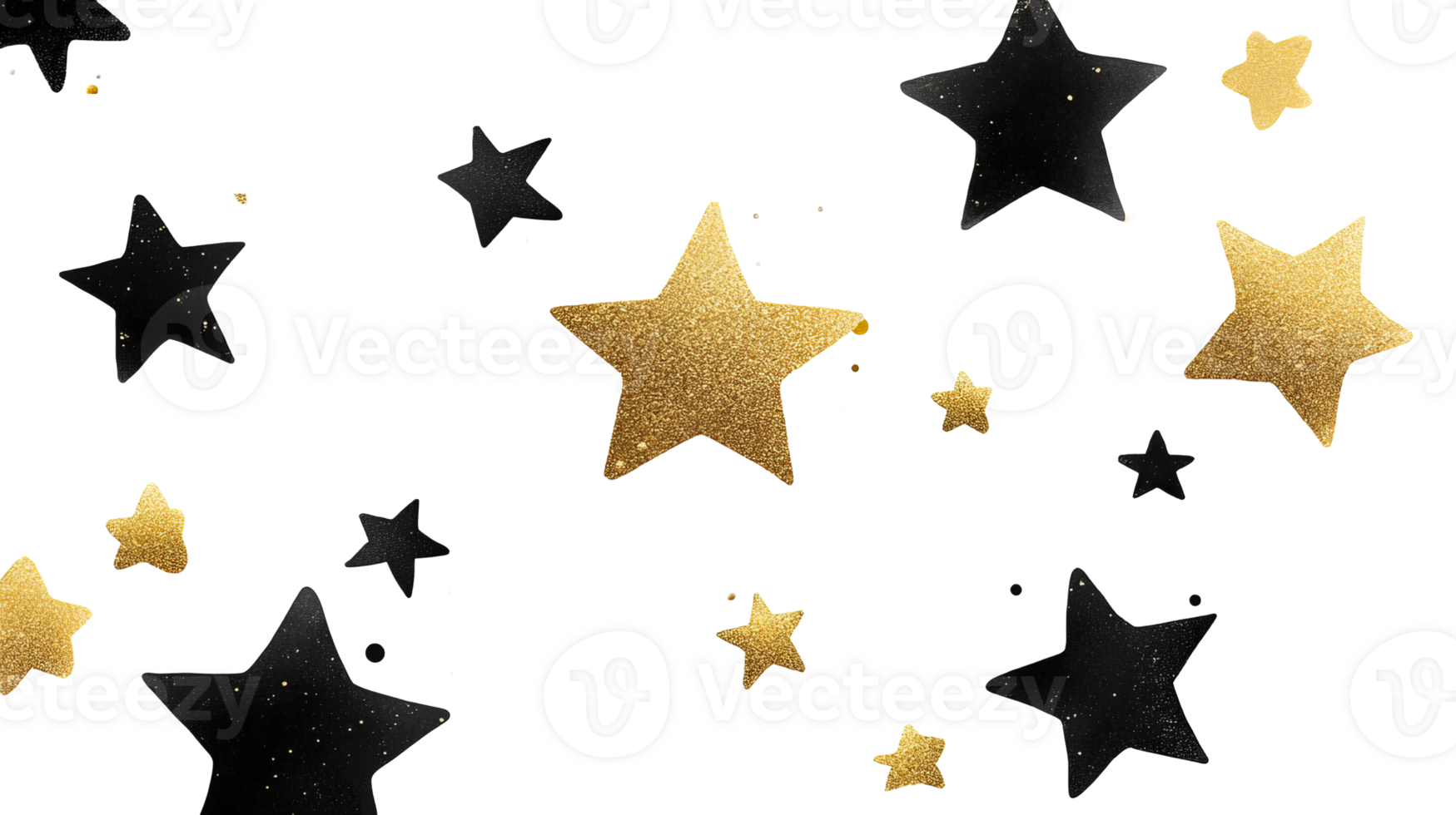 Golden and Black Glittering Stars on Transparent Background, cut out transparent png