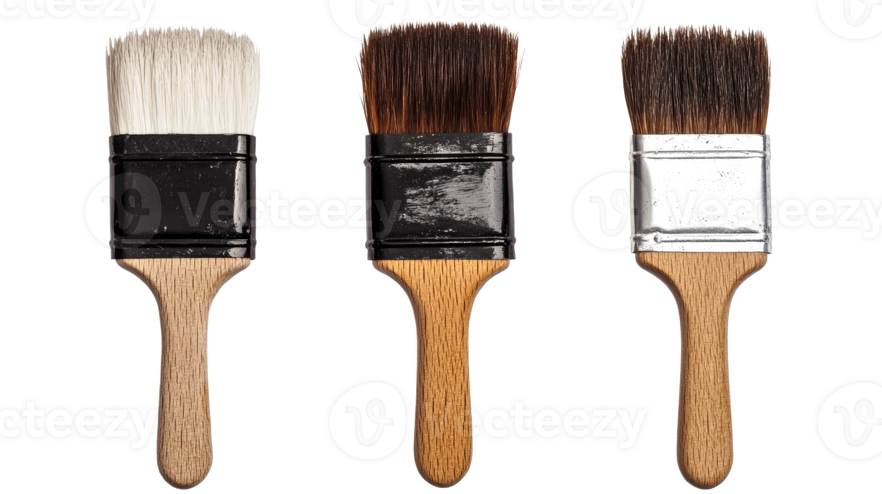 Three paintbrushes with varying bristles, art supplies, cut out transparent png