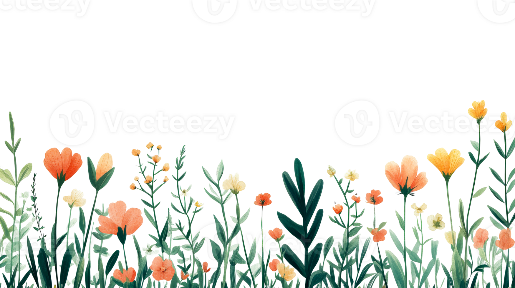 Watercolor spring meadow flowers border, orange blossoms, field, cut out transparent png