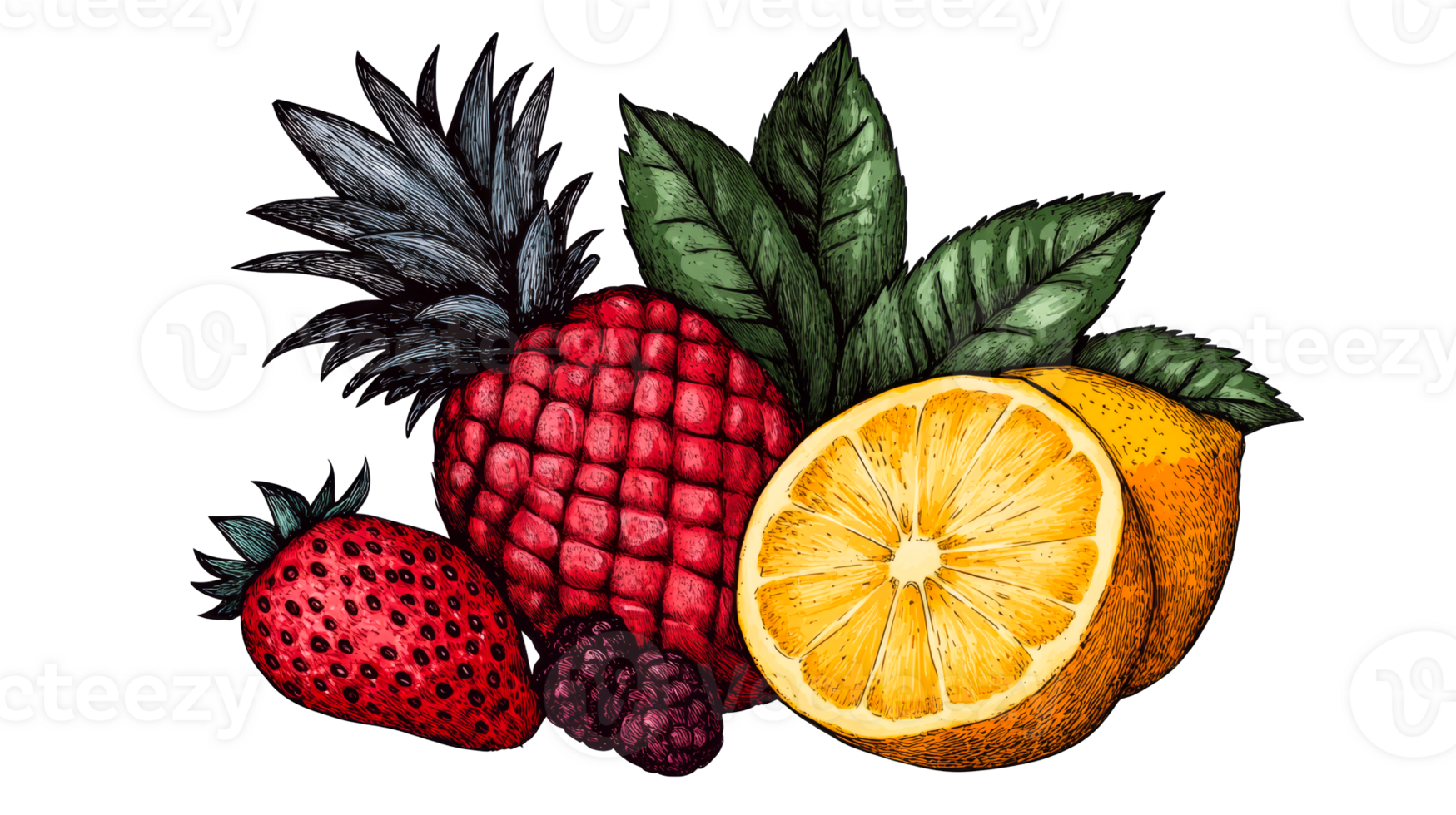 Pineapple, strawberry, lemon and leaves composition, cut out transparent png
