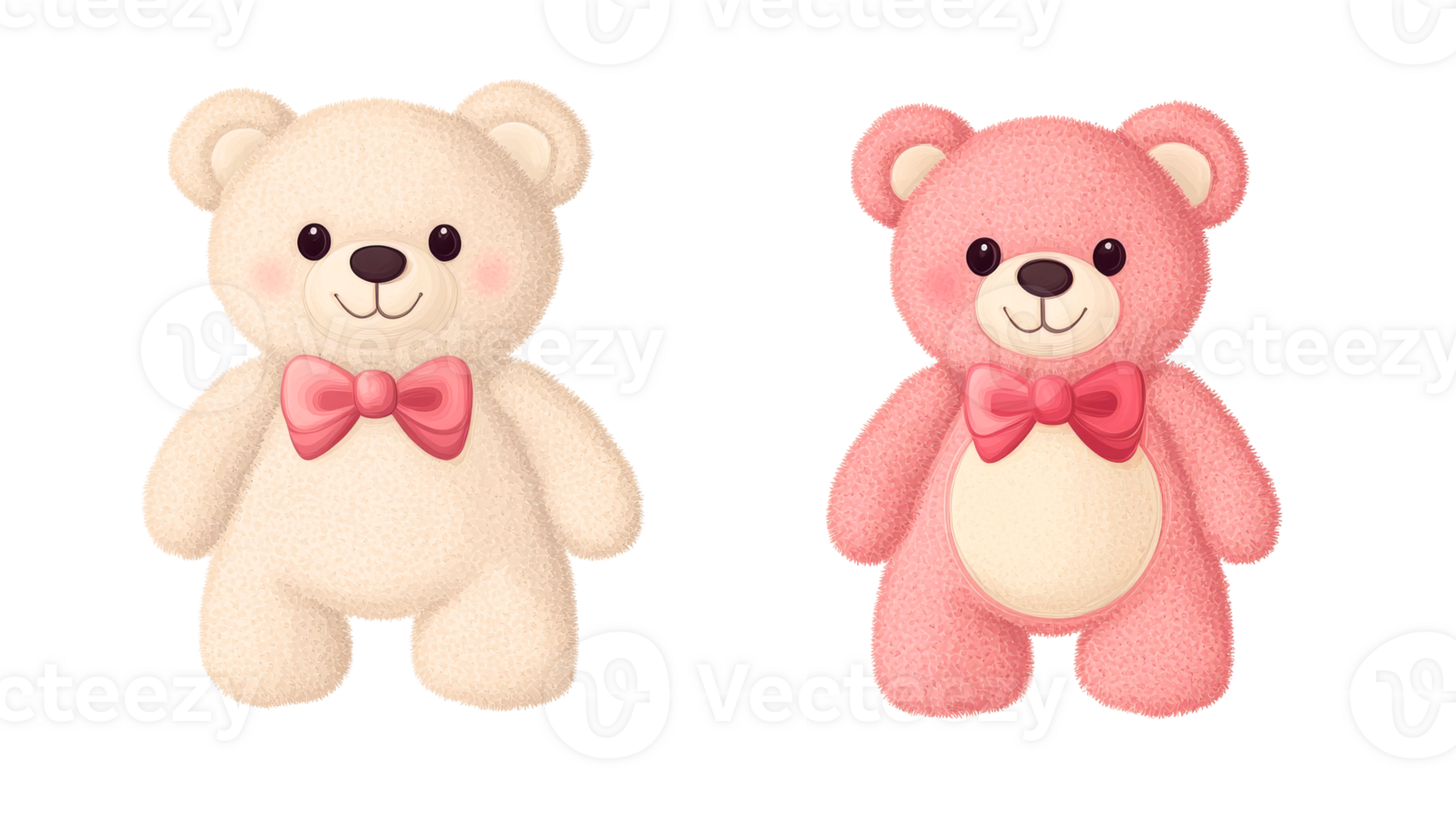 Two cute teddy bears with pink bows, fluffy and cozy, cut out transparent png